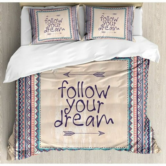 Ambesonne Tribal Inspirational Quote Follow your Dream and Arrows Aztec Framed Graphic Art Duvet Cover Set