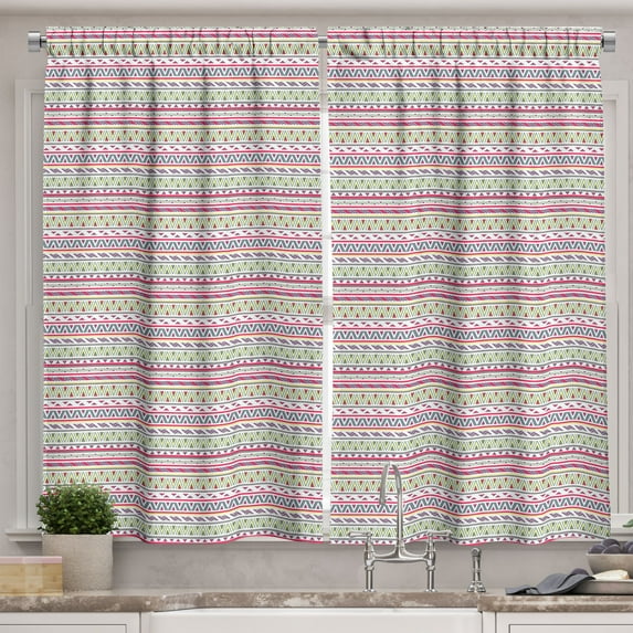 Ambesonne Tribal Kitchen Curtains, Abstract Stripes, 55"x45", Dark Coral Pale Blue