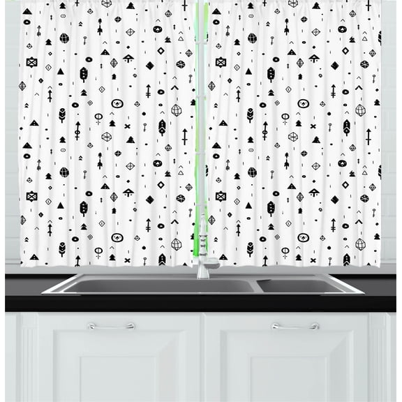 Ambesonne Tribal Kitchen Curtains, Aztec Geometric Design, 55"x39", Black and White