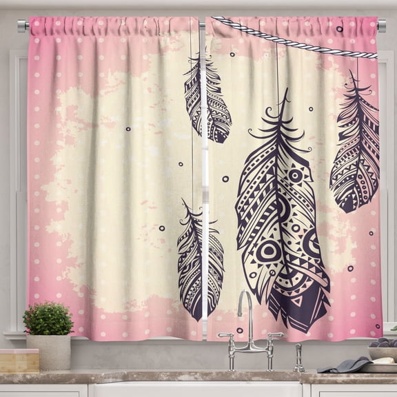 Ambesonne Tribal Kitchen Curtains, Boho Feathers Pastel, 55"x45", Pale Pink Cream