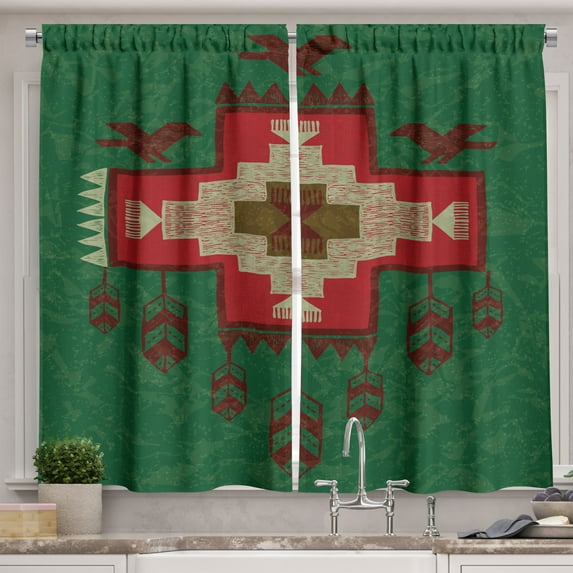 Ambesonne Tribal Kitchen Curtains, Dreamcatcher Folkloric Ikat, 55"x36", Raspberry Hunter Green