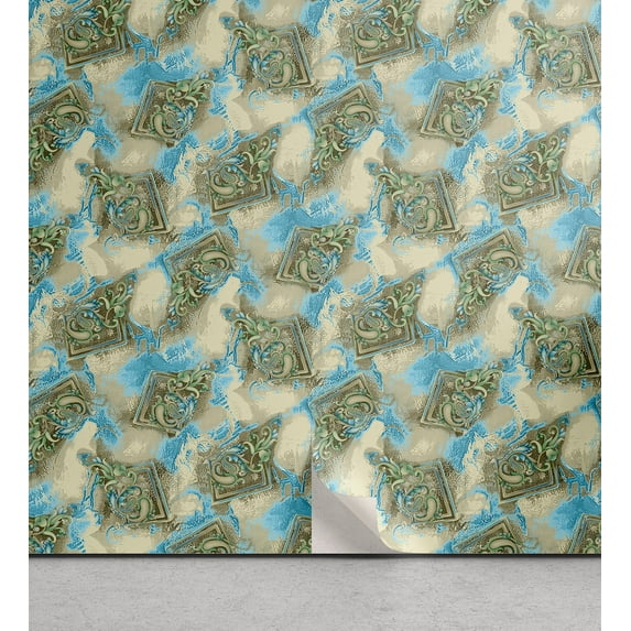 Ambesonne Tribal Peel & Stick Wallpaper for Home, Ethnic Pattern Folk Paisley, 13"x36", Sky Blue Pale Khaki