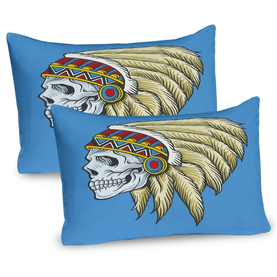 Ambesonne Tribal Pillow Sham 2 Pack, Skull with Feathers Folk, 26"x20", Violet Blue Cream Pearl