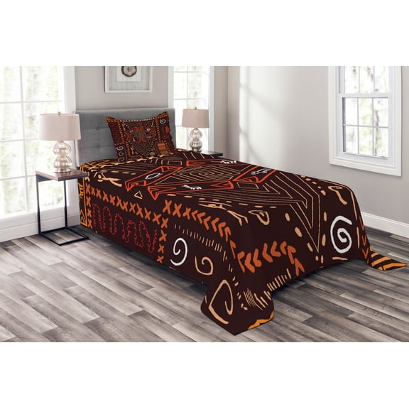 Ambesonne Tribal Quilted Bedspread Set 2 Pcs, Aboriginal Cave, Twin Size, Orange and Black