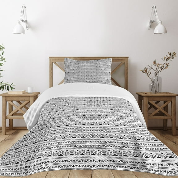 Ambesonne Tribal Quilted Bedspread Set 2 Pcs, Black White Aztec Border, Twin Size, Black and White