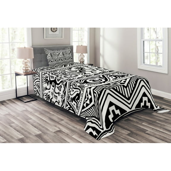 Ambesonne Tribal Quilted Bedspread Set 2 Pcs, Cave Drawings, Twin Size, Black White