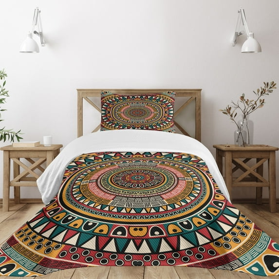 Ambesonne Tribal Quilted Bedspread Set 2 Pcs, Color Art, Twin Size, Jade Ruby and Mustard