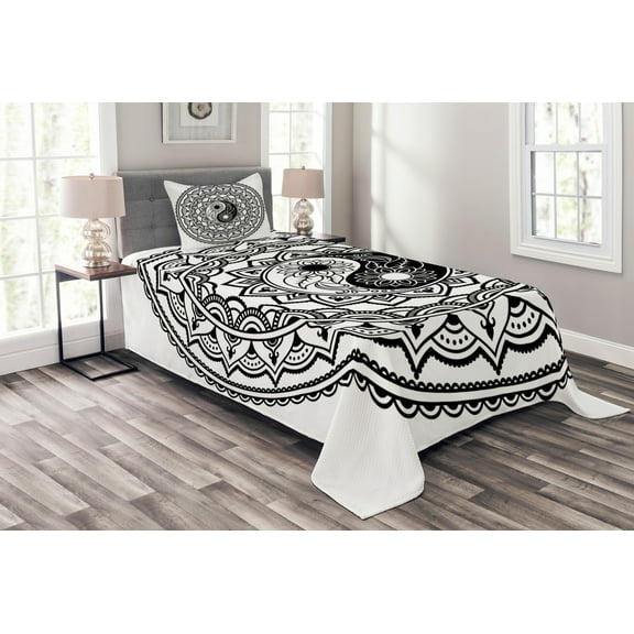 Ambesonne Tribal Quilted Bedspread Set 2 Pcs, Eastern Blossom Yin Yang, Twin Size, Black White
