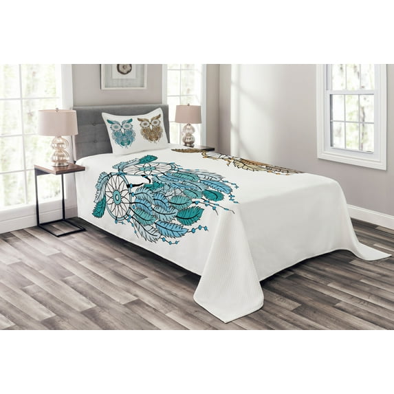 Ambesonne Tribal Quilted Bedspread Set 2 Pcs, Farsighted Birds, Twin Size, Cream White Teal