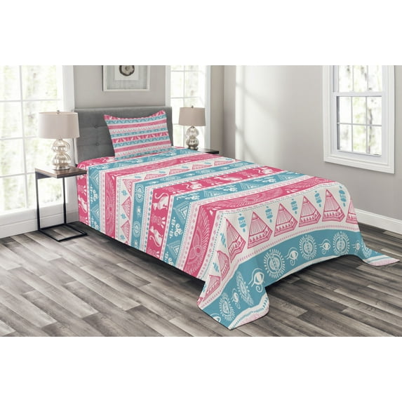 Ambesonne Tribal Quilted Bedspread Set 2 Pcs, Folkloric Egyptian Motifs, Twin Size, Pale Blue Pink White