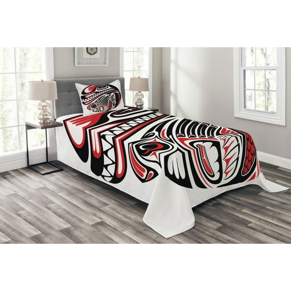 Ambesonne Tribal Quilted Bedspread Set 2 Pcs, Haida Animal Art, Twin Size, White Red Black