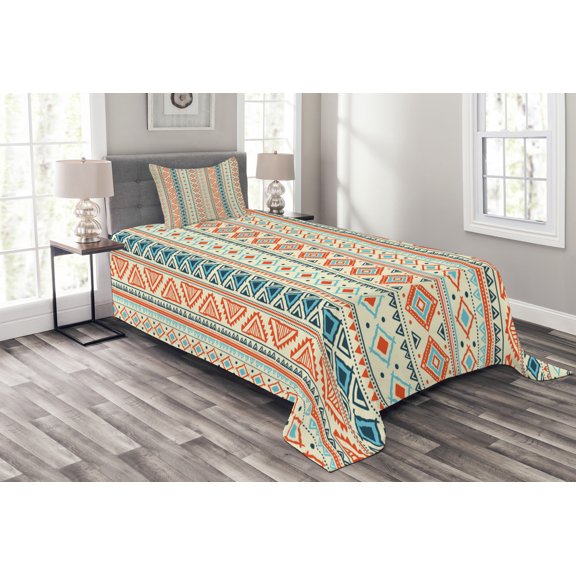 Ambesonne Tribal Quilted Bedspread Set 2 Pcs, Mexican Aztec Pattern, Twin Size, Blue Orange Ivory