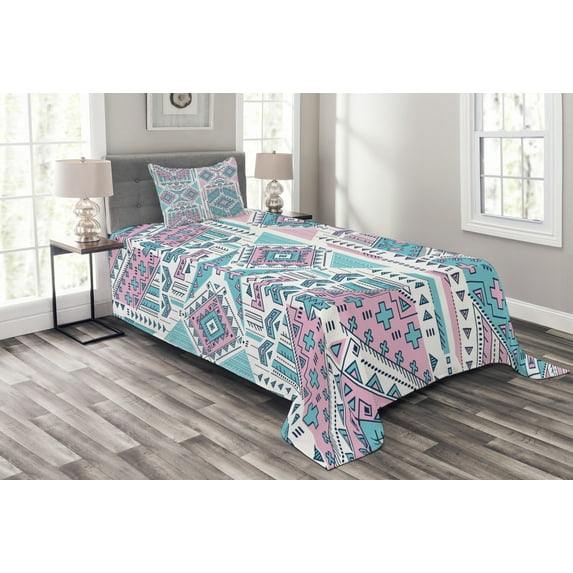 Ambesonne Tribal Quilted Bedspread Set 2 Pcs, Pink Teal Aztec, Twin Size, Pale Pink and Teal