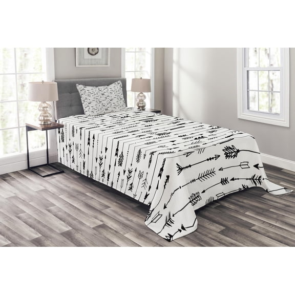 Ambesonne Tribal Quilted Bedspread Set 2 Pcs, Rustic Arrows, Twin Size, Black and White