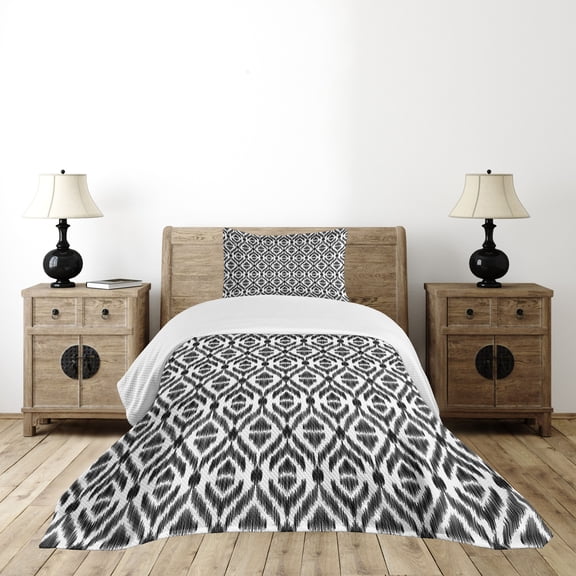 Ambesonne Tribal Quilted Bedspread Set 2 Pcs, Sketchy Seem Rectangular, Twin Size, Black and White