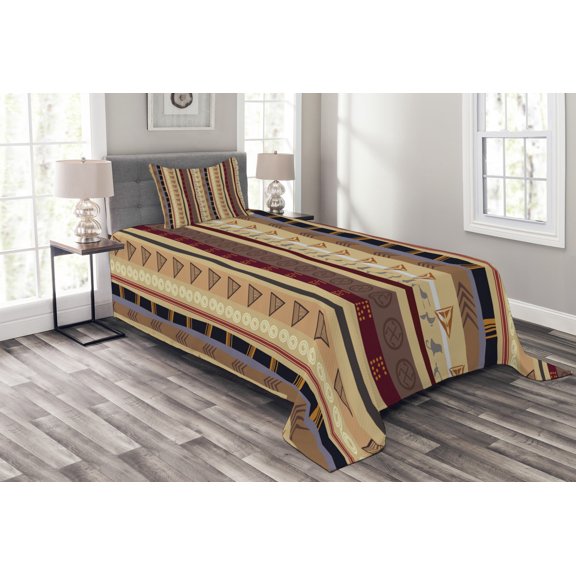 Ambesonne Tribal Quilted Bedspread Set 2 Pcs, Striped Ornament, Twin Size, Multicolor
