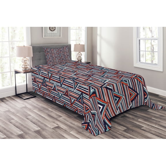 Ambesonne Tribal Quilted Bedspread Set 2 Pcs, Striped, Twin Size, Cinnamon Black Teal