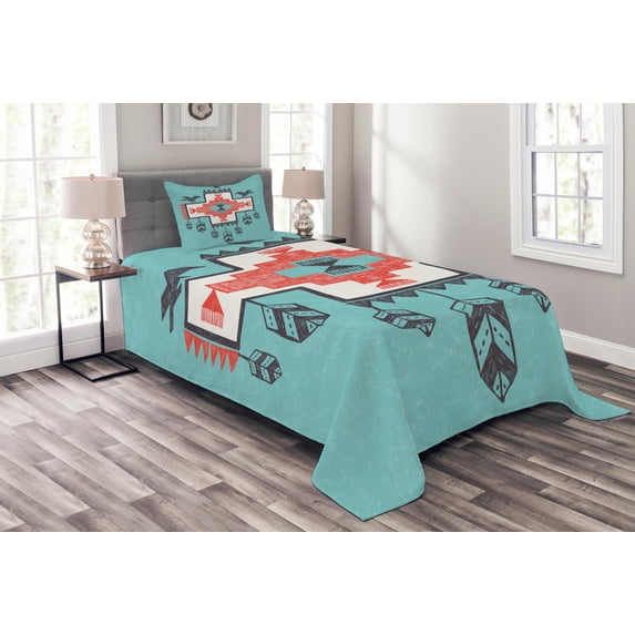 Ambesonne Tribal Quilted Bedspread Set 2 Pcs, Vintage Native, Twin Size, Multicolor