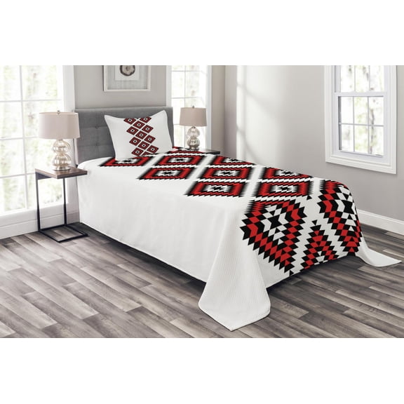 Ambesonne Tribal Quilted Bedspread Set 2 Pcs, Zig Zag Aztec Motif, Twin Size, Vermilion and White
