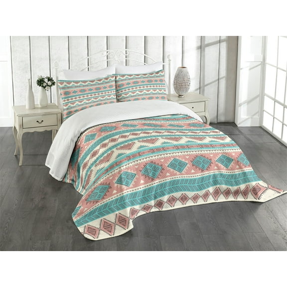 Ambesonne Tribal Quilted Bedspread Set 3 Pcs, Aztec Art Style, King Size, Cream Aqua and Peach