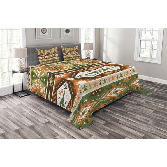 Ambesonne Tribal Quilted Bedspread Set 3 Pcs, Aztec Mayan Style Stripe, Queen Size, Green Brown Amber