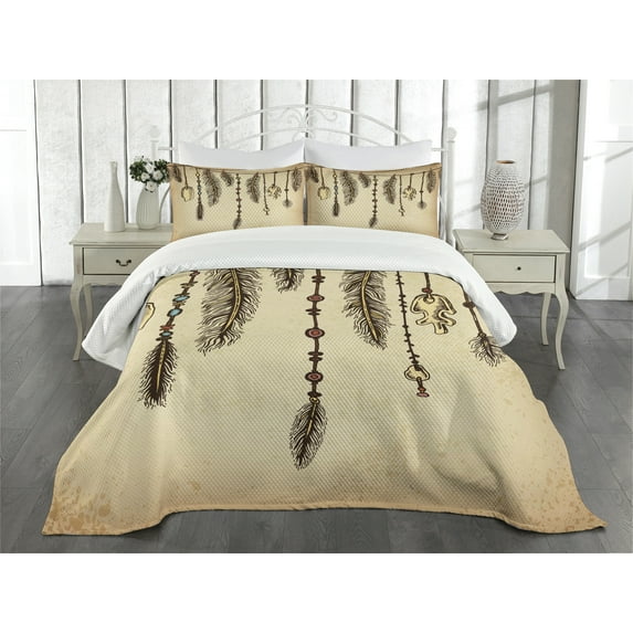 Ambesonne Tribal Quilted Bedspread Set 3 Pcs, Bohemian Feathers, King Size, Brown