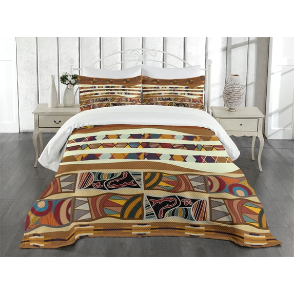 Ambesonne Tribal Quilted Bedspread Set 3 Pcs, Boho Folk, Queen Size, Multicolor