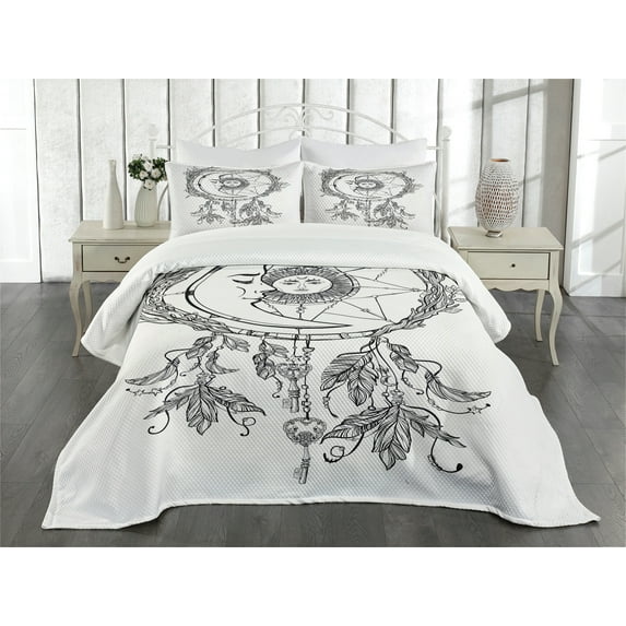 Ambesonne Tribal Quilted Bedspread Set 3 Pcs, Dreamcatcher Moon, King Size, Black White