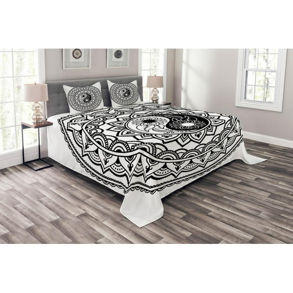 Ambesonne Tribal Quilted Bedspread Set 3 Pcs, Eastern Blossom Yin Yang, King Size, Black White