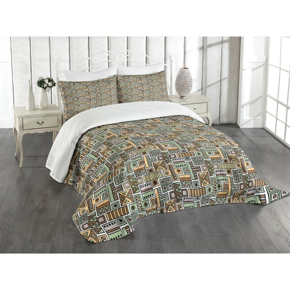 Ambesonne Tribal Quilted Bedspread Set 3 Pcs, Funky Ethnic, Queen Size, Multicolor