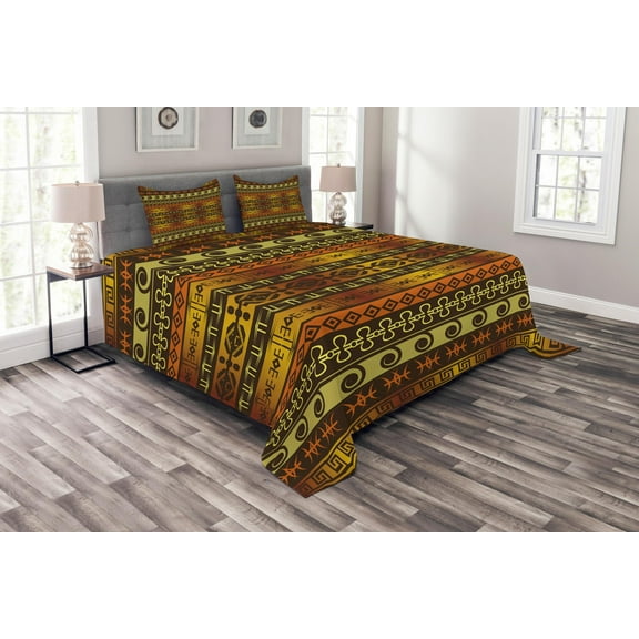Ambesonne Tribal Quilted Bedspread Set 3 Pcs, Geometric Indigenous Art, King Size, Brown Yellow Pale Orange