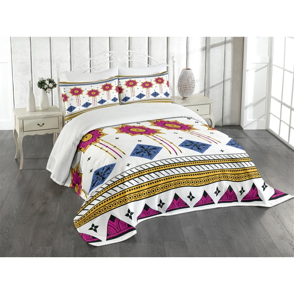 Ambesonne Tribal Quilted Bedspread Set 3 Pcs, Mayan Folkloric Cultural, Queen Size, Blue Pale Coffee Fuchsia