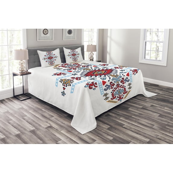 Ambesonne Tribal Quilted Bedspread Set 3 Pcs, Mexican Pattern, Queen Size, Multicolor