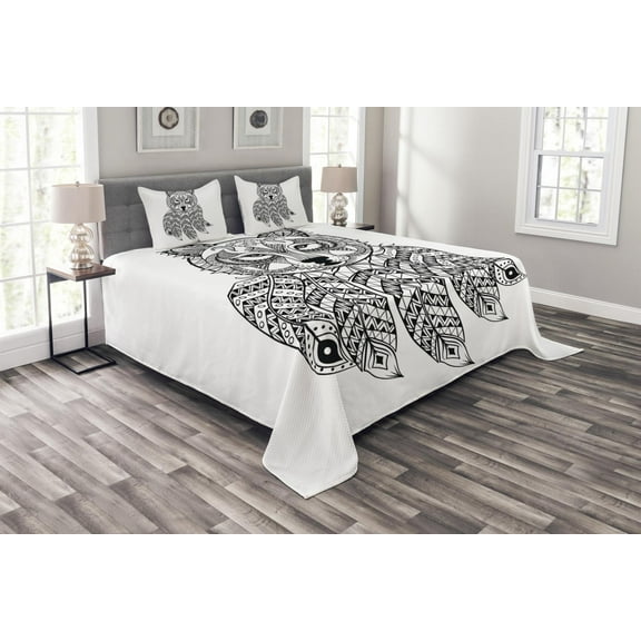 Ambesonne Tribal Quilted Bedspread Set 3 Pcs, Native America Wolf Head, Queen Size, White and Black