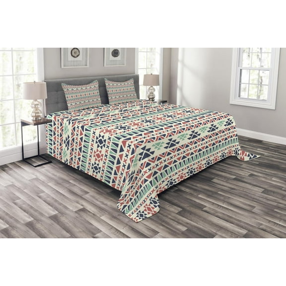 Ambesonne Tribal Quilted Bedspread Set 3 Pcs, Native Art, King Size, Night Blue Sea Green