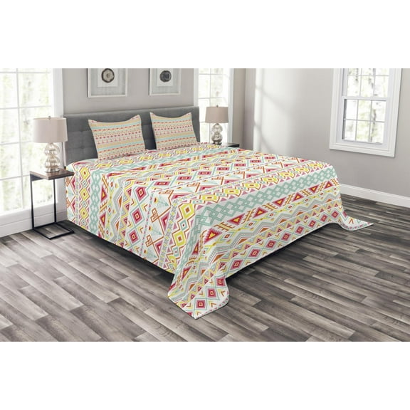 Ambesonne Tribal Quilted Bedspread Set 3 Pcs, Native Style Aztec Art, King Size, Yellow Pink Aqua