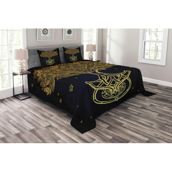 Ambesonne Tribal Quilted Bedspread Set 3 Pcs, Night Stars Abstract, Queen Size, Dark Blue Yellow