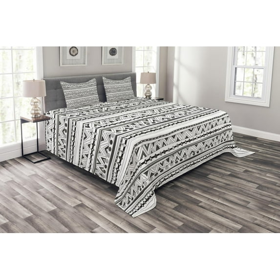 Ambesonne Tribal Quilted Bedspread Set 3 Pcs, Prehistoric Aztec, King Size, Charcoal Grey White