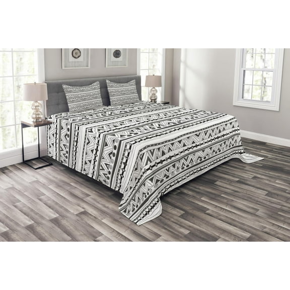 Ambesonne Tribal Quilted Bedspread Set 3 Pcs, Prehistoric Aztec, Queen Size, Charcoal Grey White