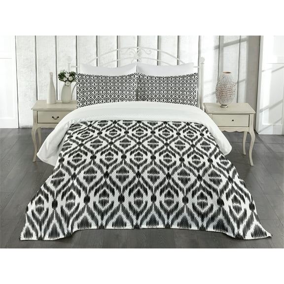 Ambesonne Tribal Quilted Bedspread Set 3 Pcs, Sketchy Seem Rectangular, Queen Size, Black and White