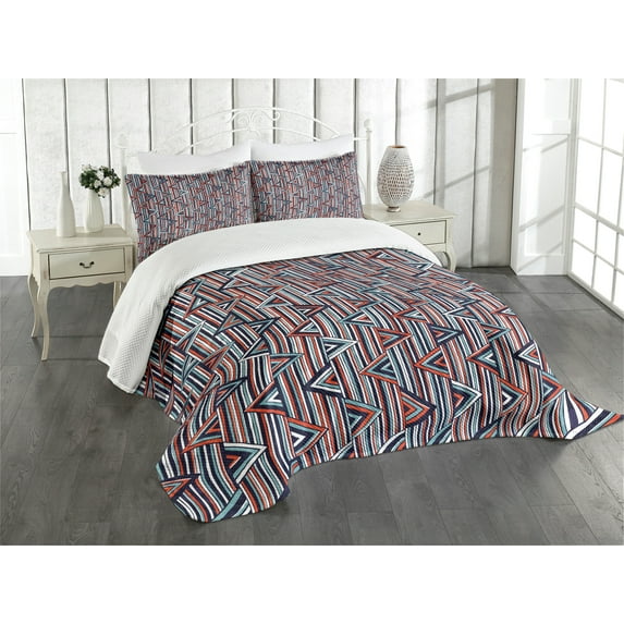 Ambesonne Tribal Quilted Bedspread Set 3 Pcs, Striped, Queen Size, Cinnamon Black Teal