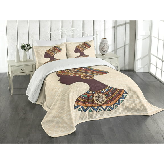 Ambesonne Tribal Quilted Bedspread Set 3 Pcs, Woman, Queen Size, Cream and Brown