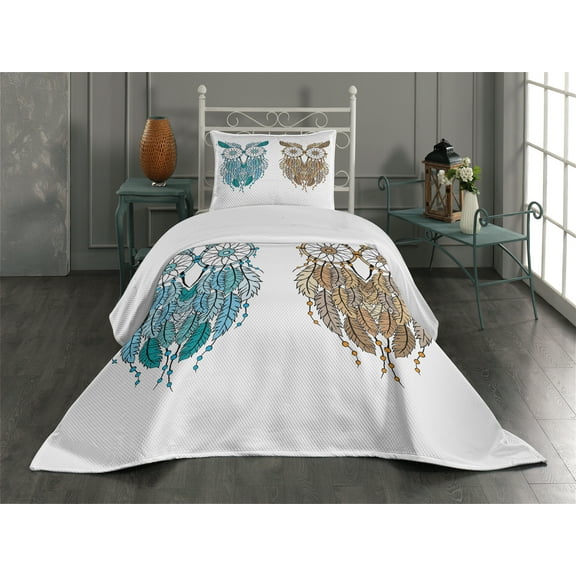 Ambesonne Tribal Quilted Coverlet 2 Pcs, Farsighted Birds, Twin Size, Cream White Teal