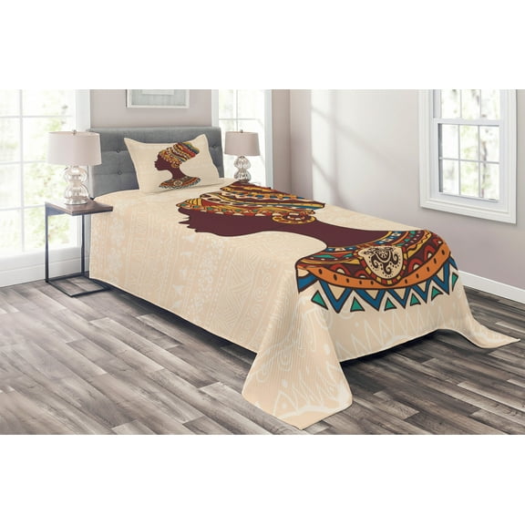 Ambesonne Tribal Quilted Coverlet 2 Pcs, Woman, Twin Size, Cream and Brown