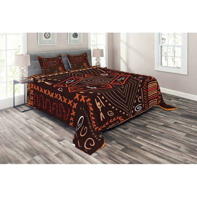 Ambesonne Tribal Quilted Coverlet 3 Pcs, Aboriginal Cave, Queen Size, Orange and Black