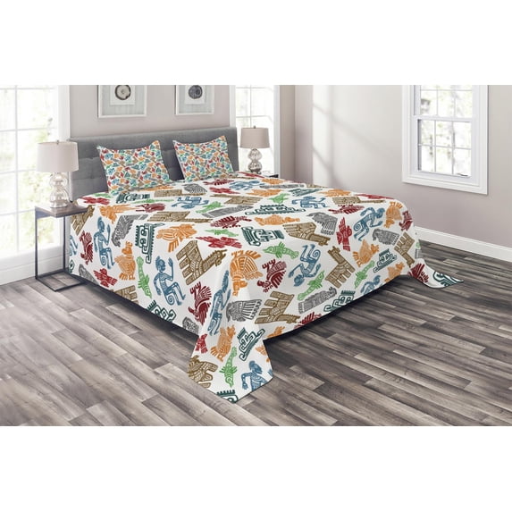 Ambesonne Tribal Quilted Coverlet 3 Pcs, Mayan and Aztec, Queen Size, Multicolor