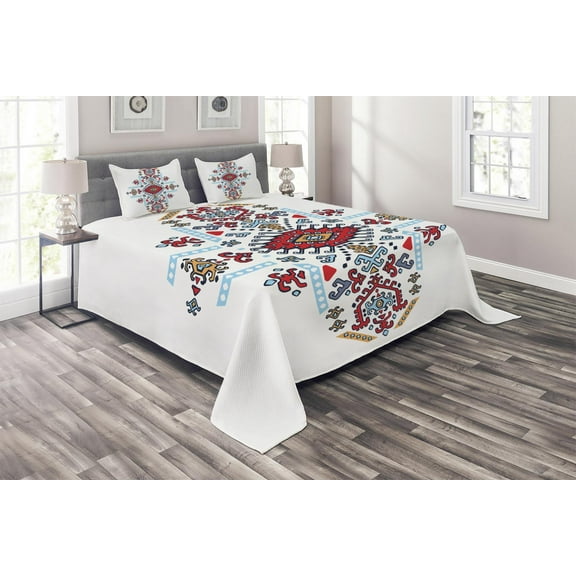Ambesonne Tribal Quilted Coverlet 3 Pcs, Mexican Pattern, King Size, Multicolor