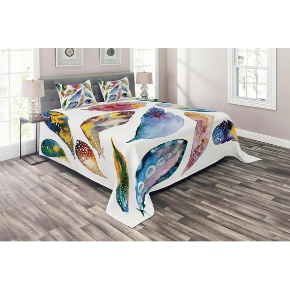 Ambesonne Tribal Quilted Coverlet 3 Pcs, Ornate Feather, King Size, Multicolor