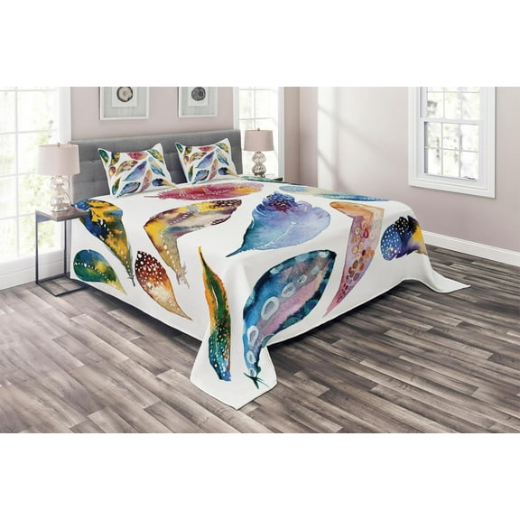 Ambesonne Tribal Quilted Coverlet 3 Pcs, Ornate Feather, Queen Size, Multicolor