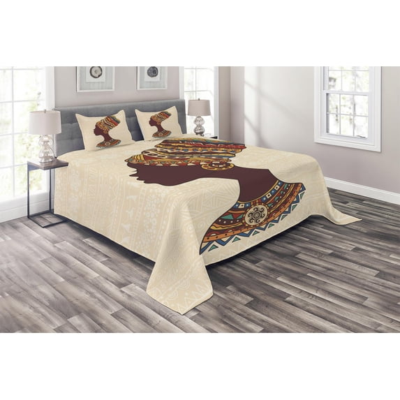 Ambesonne Tribal Quilted Coverlet 3 Pcs, Woman, Queen Size, Cream and Brown